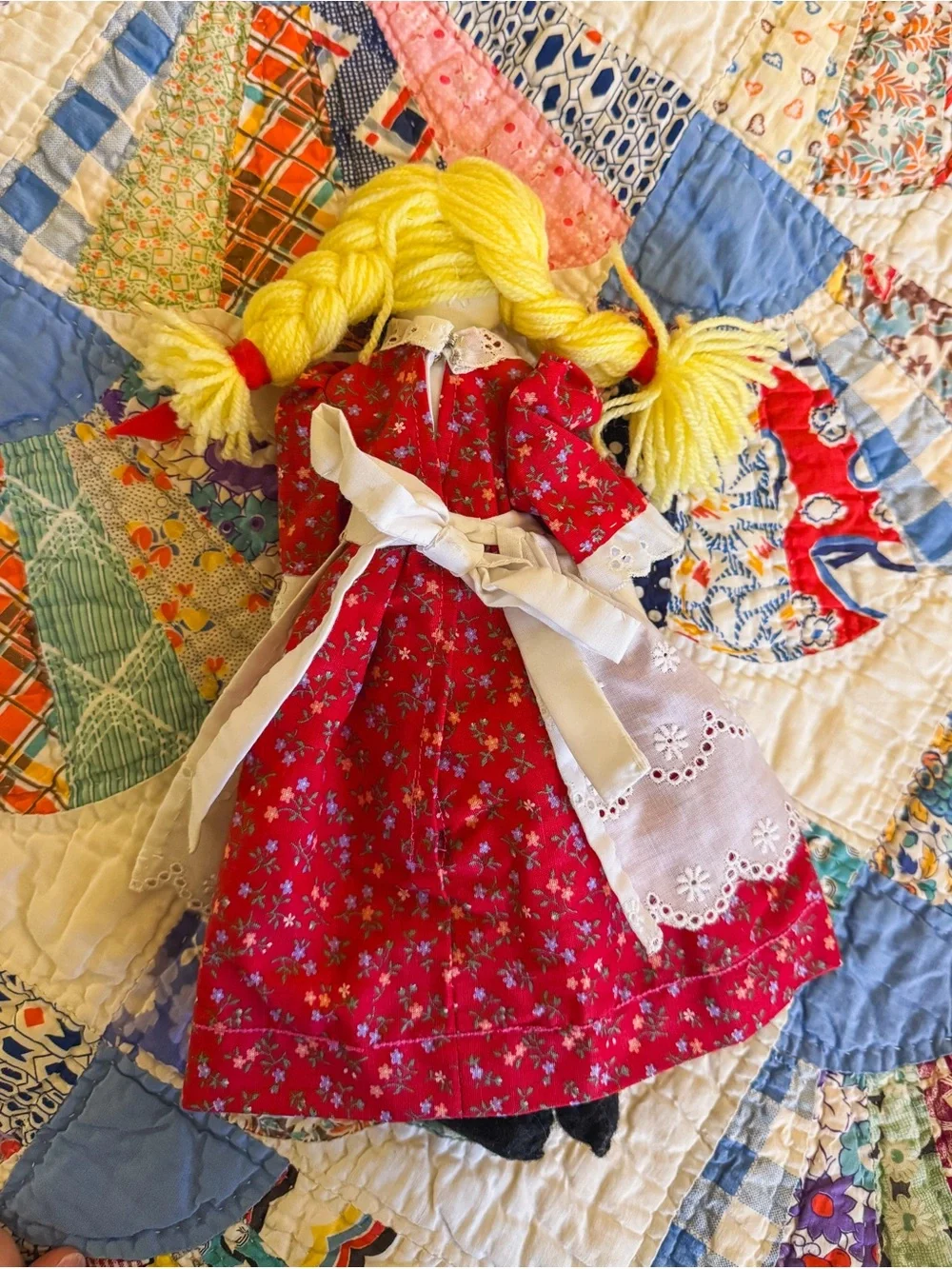 Handcrafted Vintage Yellow-Haired Rag Doll in Red Dress - Kids Toy